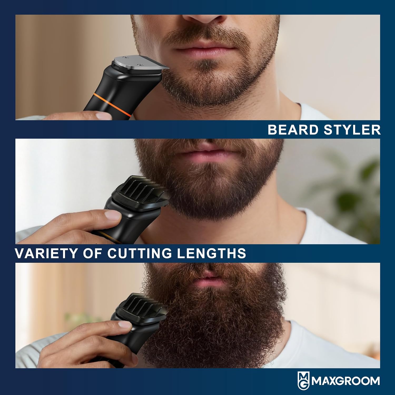 Detalle de MAXGROOM 6-in-1 Beard Trimmer for Men – Magnetic Heads, IPX6 Waterproof, USB-C