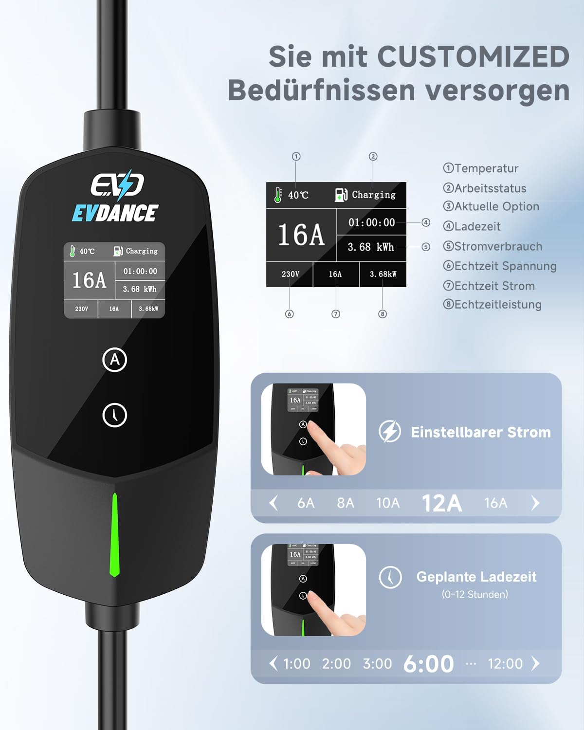 Detalle de EVDANCE Typ 2 Ladekabel Schuko 3,68 kW