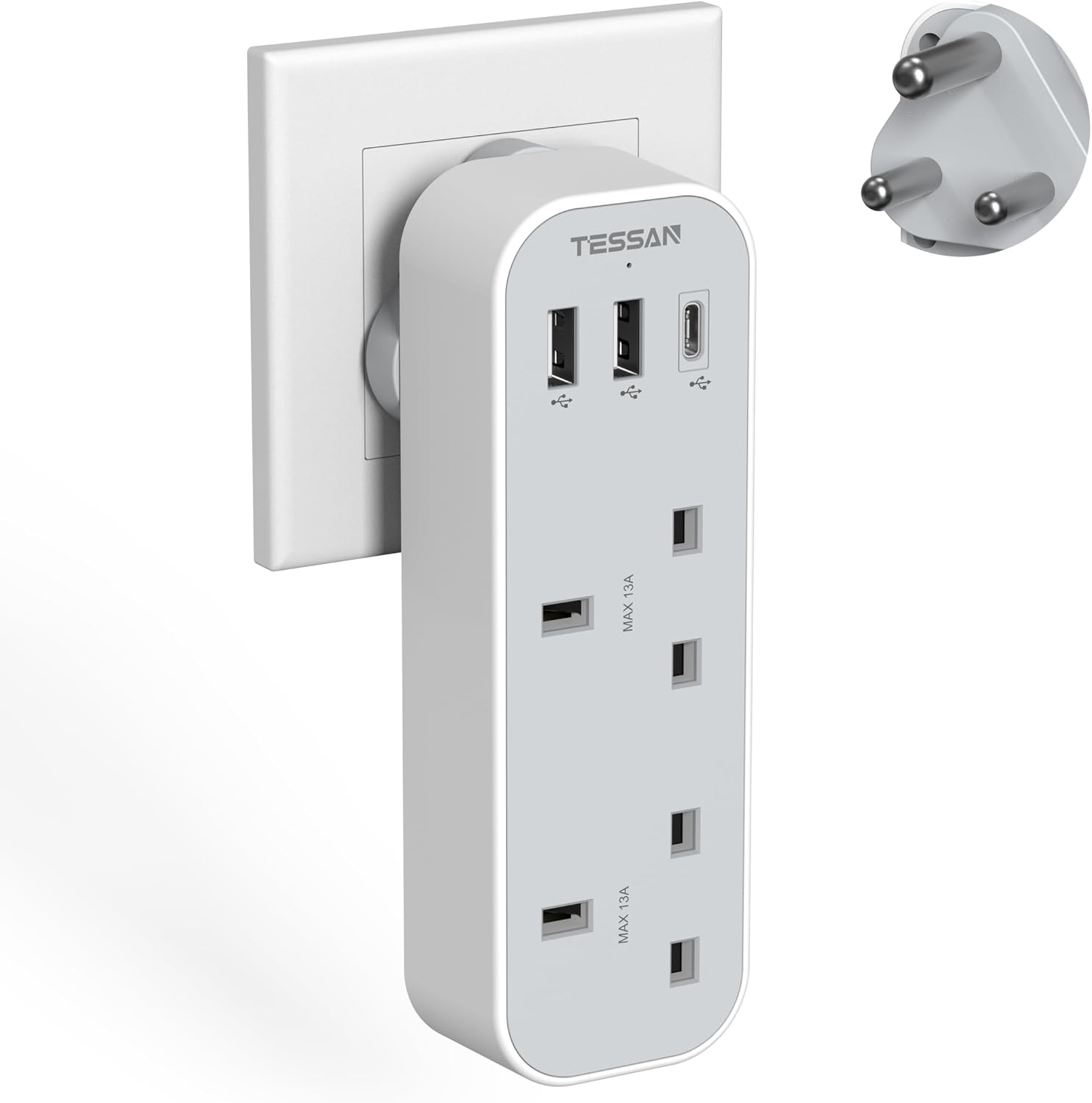 Detalle de TESSAN UK to South Africa Type M adapter 3 USB