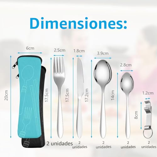 Detalle de Vicloon 2 Set Cubiertos para Llevar: juego de camping en acero inoxidable, 12 piezas (Azul y Negro)
