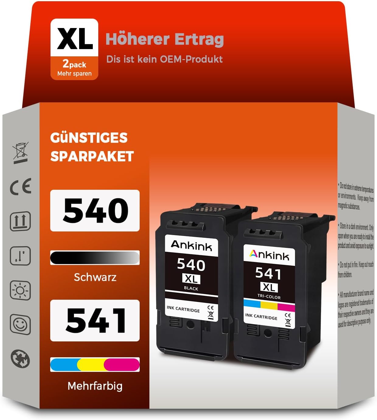 ANKINK kompatible Tintenpatronen 540XL/541XL als 2er Set (Schwarz + Tricolor) für Canon TS/MG/MX