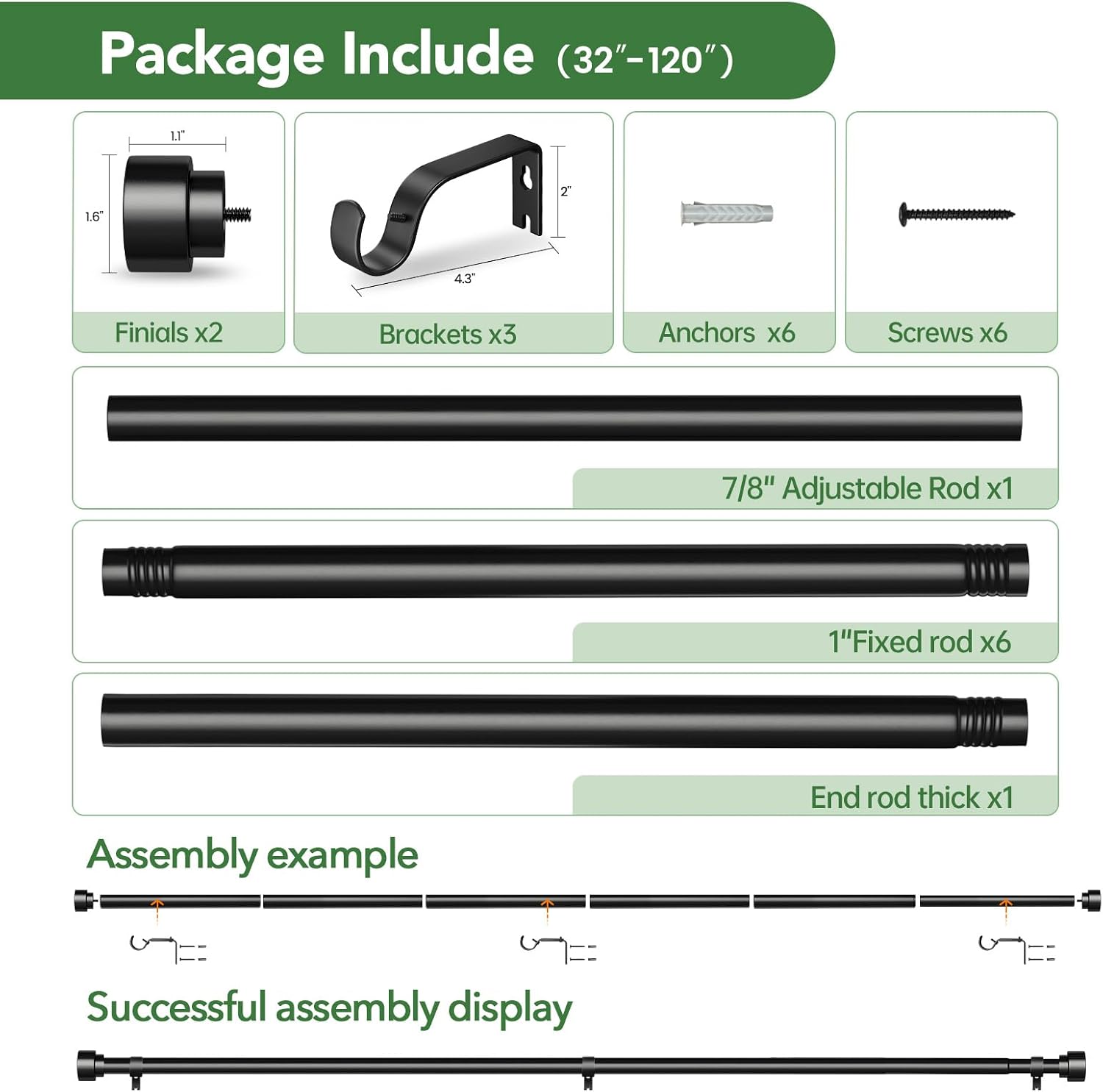 Detalle 2 de Time Forest Black Curtain Rods for Windows (32"–120"), 1-Inch Heavy-Duty Adjustable Rod with End Caps