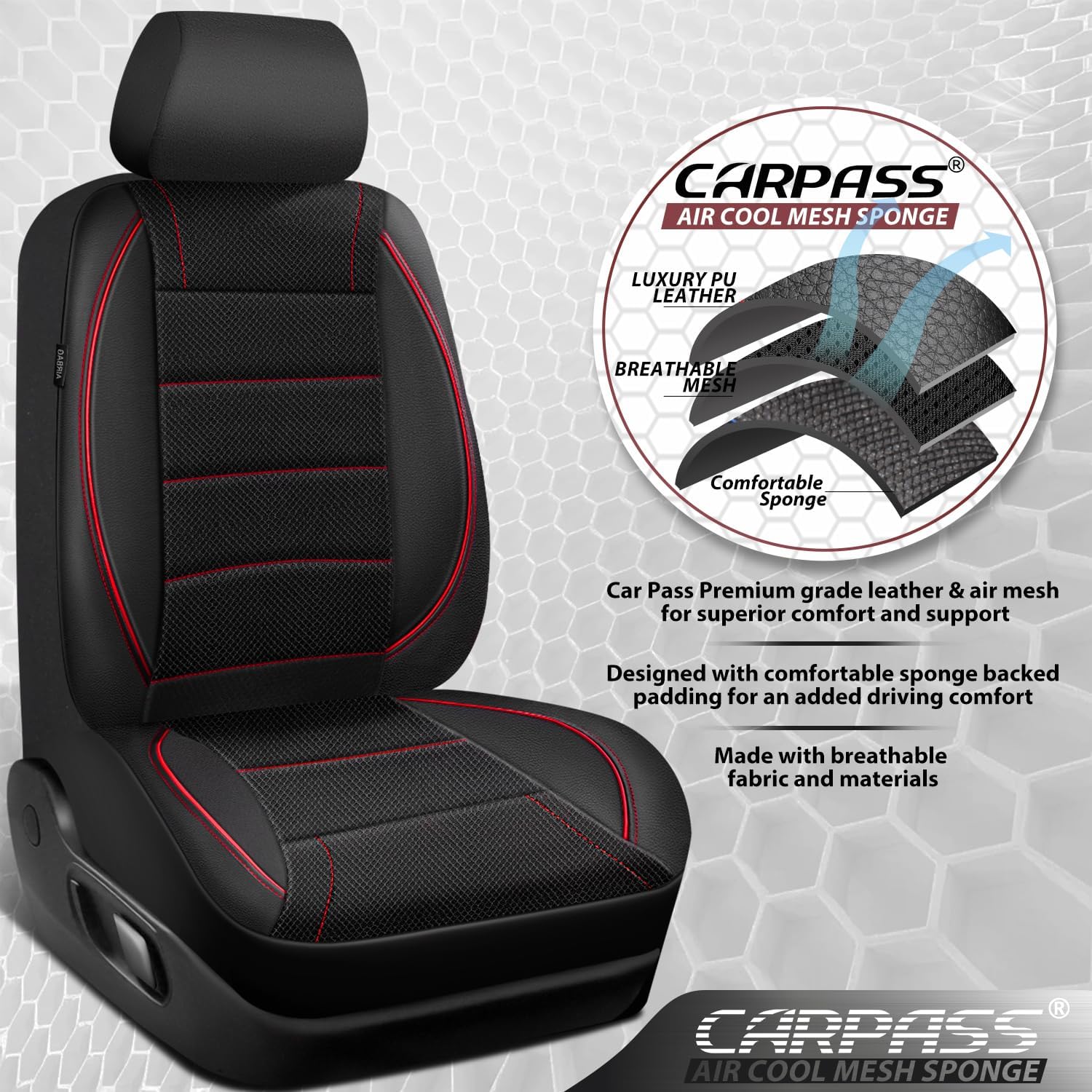 Thumbnail 3 de CAR PASS Mesh Leather Car Seat Covers Full Set (Airbag Compatible) — Black and Red
