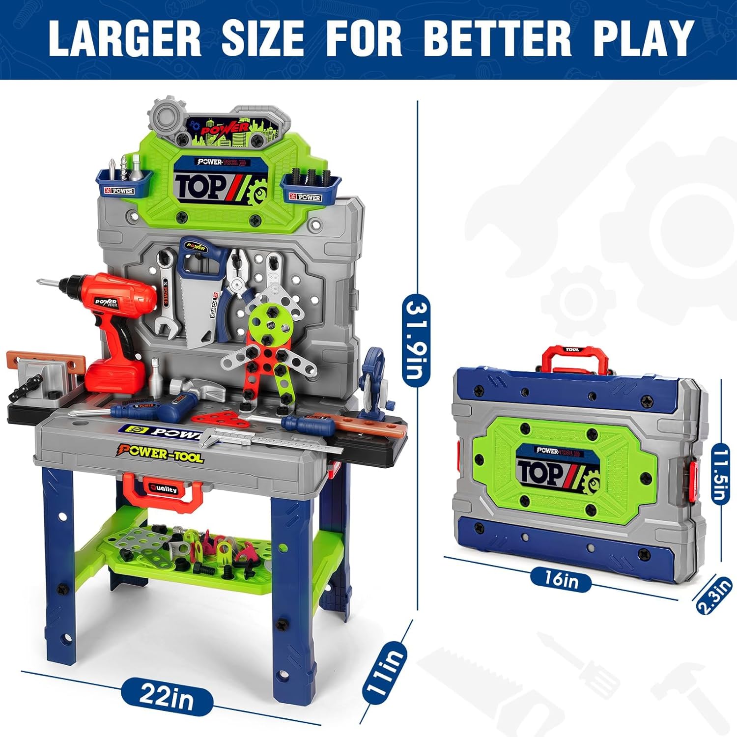 Detalle de Kids Tool Bench Set with Electric Drill and Realistic Tools (132pcs) — 2-in-1 Workbench & Toolbox for Ages 3–5