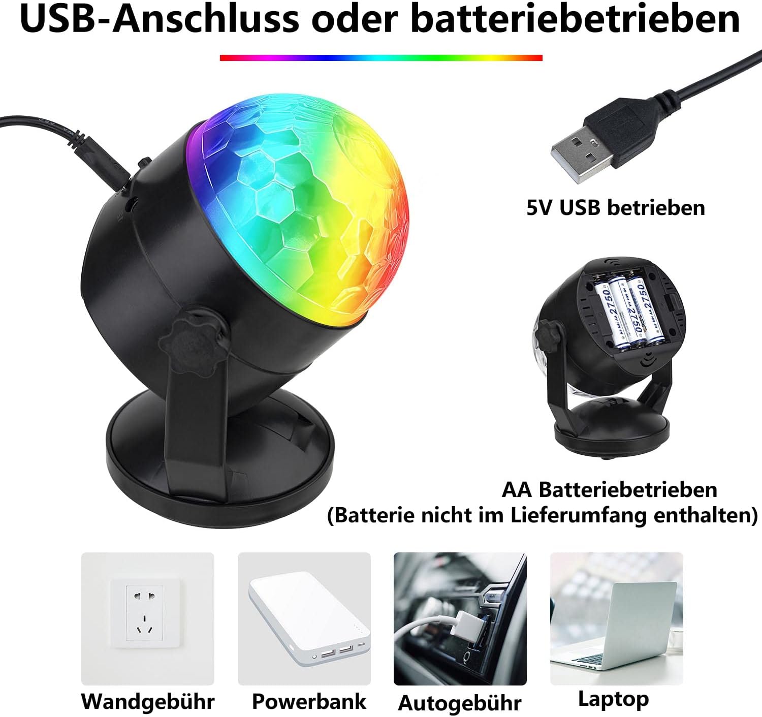 Detalle de Batteriebetriebene Discokugel Partylicht mit Fernbedienung – musikgesteuert, tragbar für drinnen & draußen