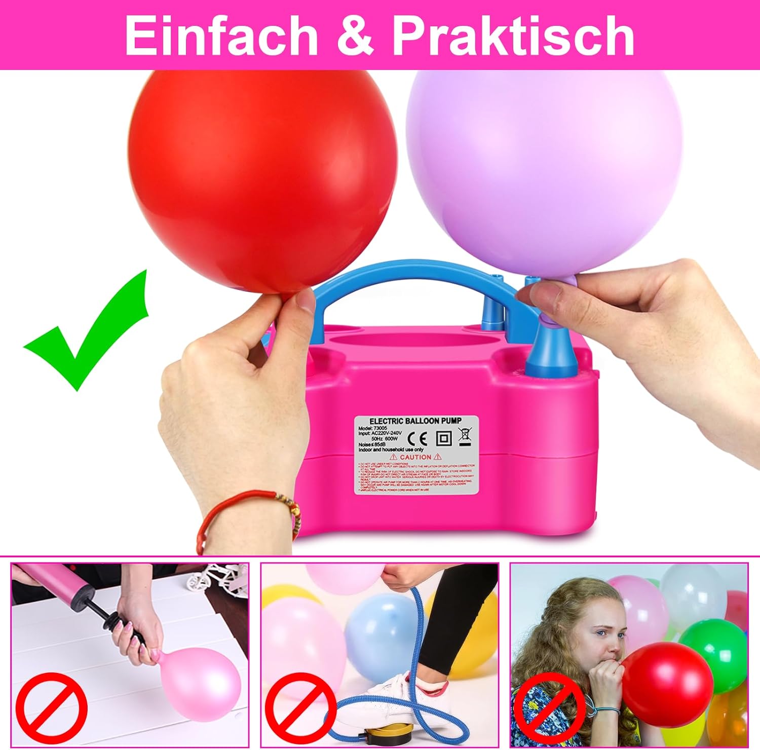 Thumbnail 2 de HELESIN Luftballonpumpe elektrisch 600 W mit 2 Inflationsmodi – tragbare Ballonpumpe für Deko von Geburtstag bis Weihnachten