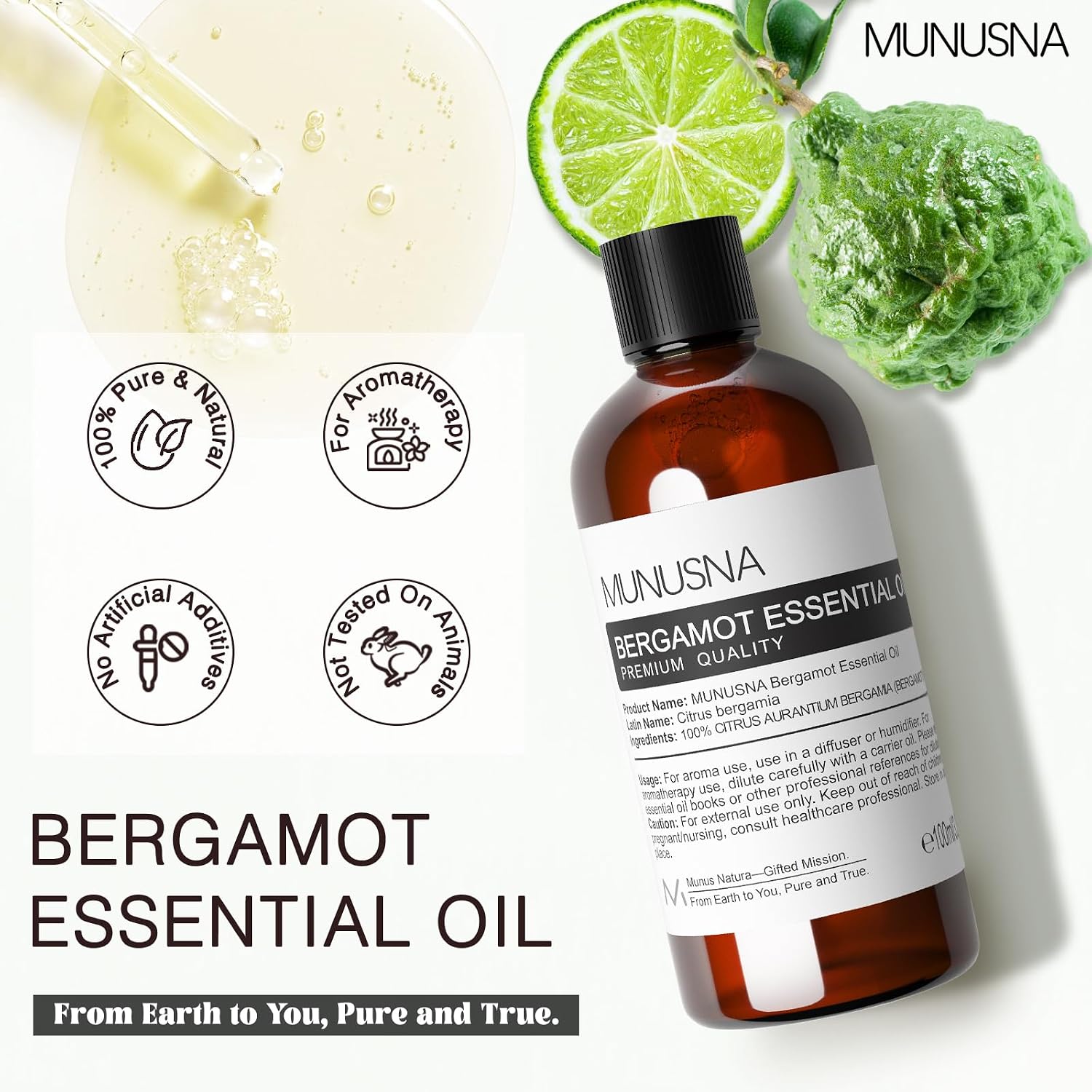 Detalle de MUNUSNA Bergamot Essential Oil 100ml – natural and pure bergamot for aromatherapy, skincare blends and DIY