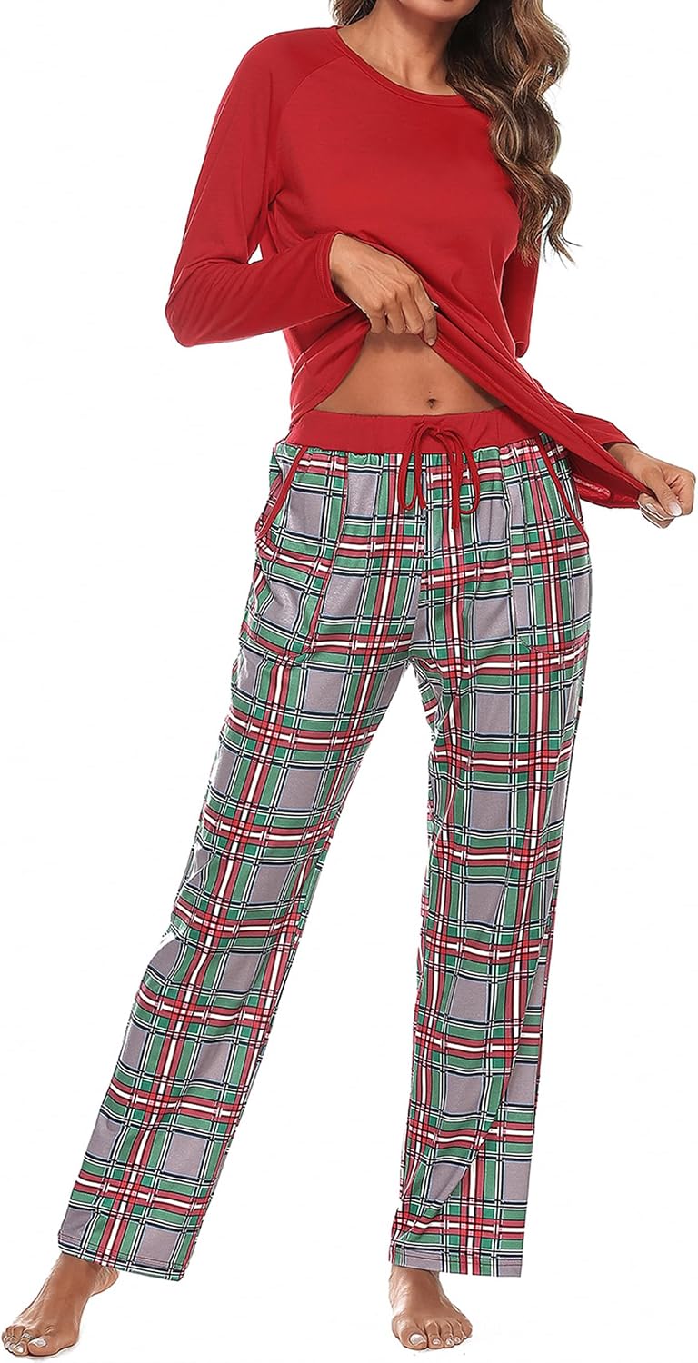 Thumbnail 6 de Uniexcosm Pyjama Femme Coton Long Ensembles Carreaux Col Ronde et Poches Latérales