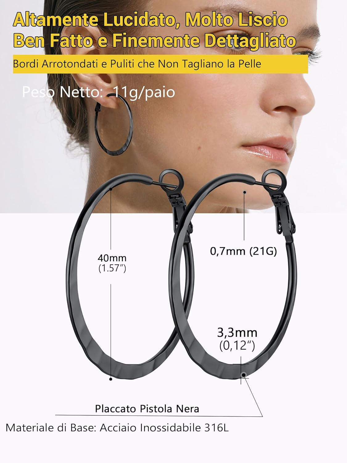 Thumbnail 6 de Orecchini a cerchio PROSTEEL in acciaio inox 316L, diametri 30/40/60/80 mm (argento/nero/oro placcato)