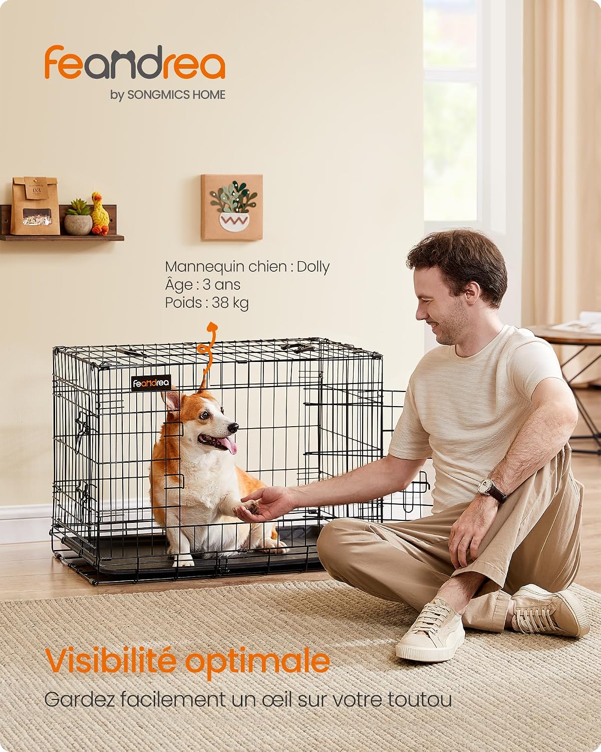 Detalle 2 de Feandrea Cage pour chien pliable PPD30H, 2 portes et plateau amovible (taille M) – 77,5 x 48,5 x 55,5 cm