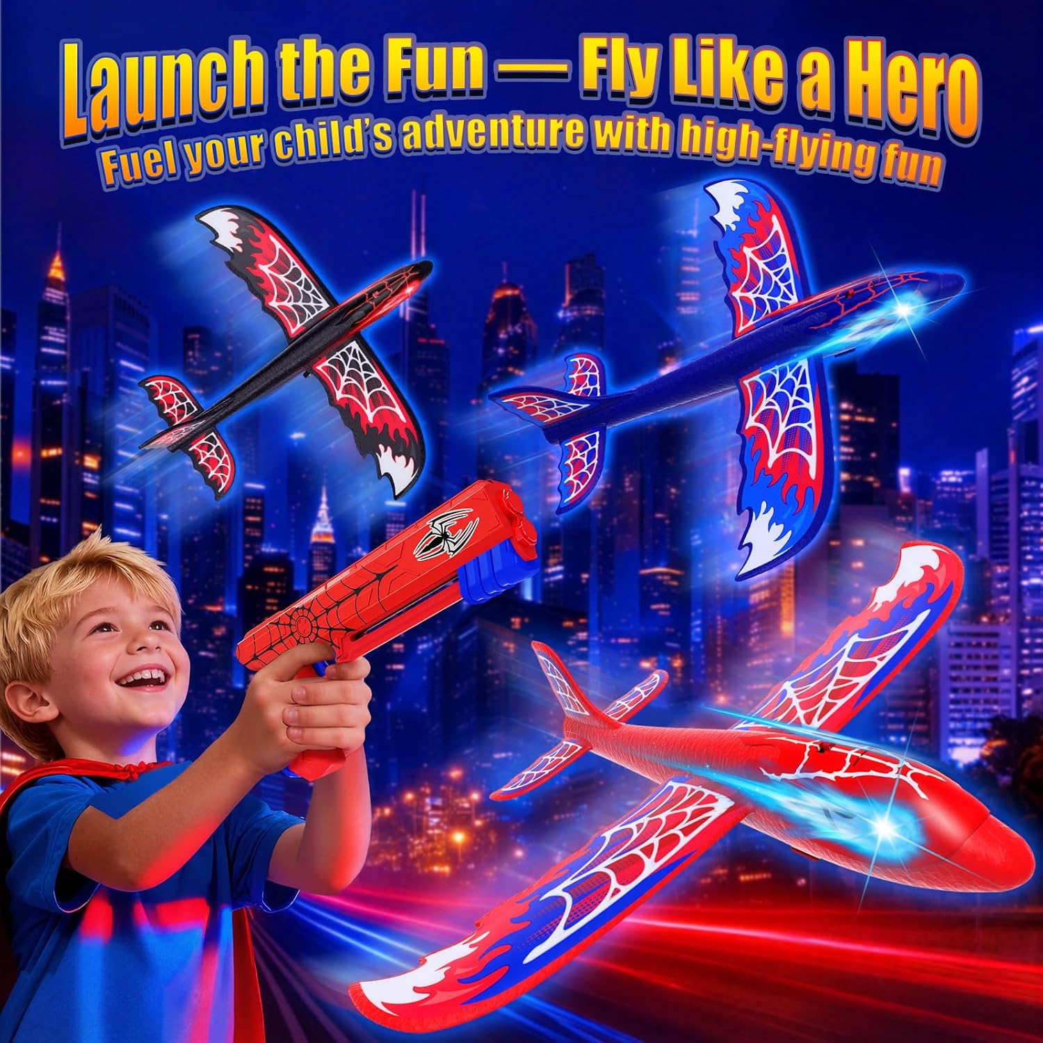 Thumbnail 1 de Cool Airplane Launcher Toy with Glowing Eyes & Web-Pattern Wings