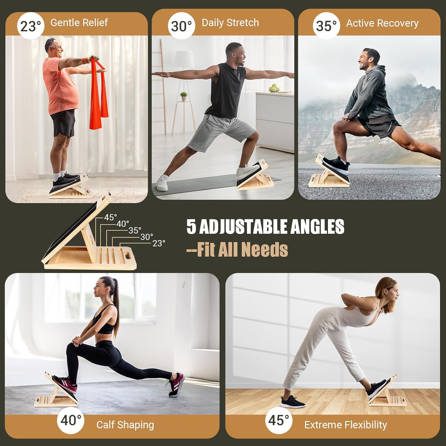 Detalle de ODCPN slant-001 Wooden Calf Stretch Board, 5 Angles and Resistance Bands