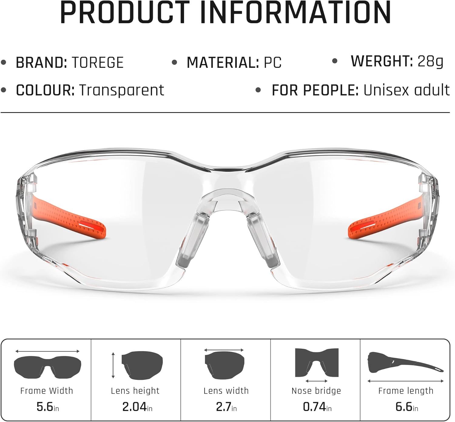 Thumbnail 2 de TOREGE Occhiali protettivi trasparenti con nasello regolabile, antiappannamento e antigraffio (ANSI Z87)