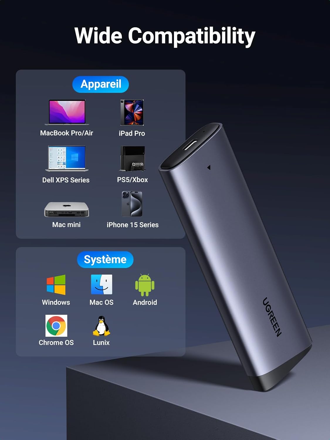 Thumbnail 4 de UGREEN M.2 NVMe Enclosure (USB 3.2 Gen 2, tool-free) for M-Key/B+M Key SSDs