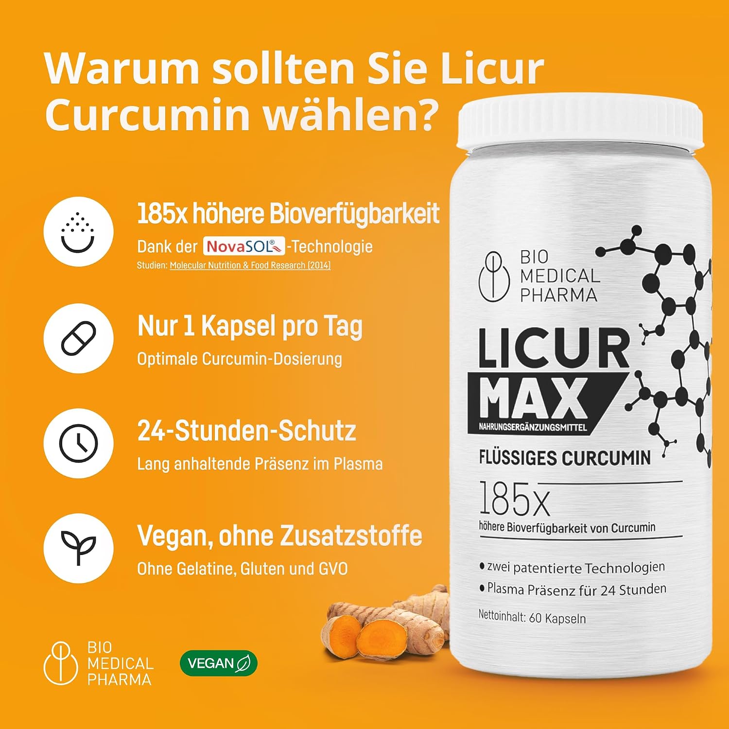Detalle de Kurkuma Kapseln Hochdosiert Mizellen Curcumin NovaSOL – Licur Max (60 vegane Kapseln)