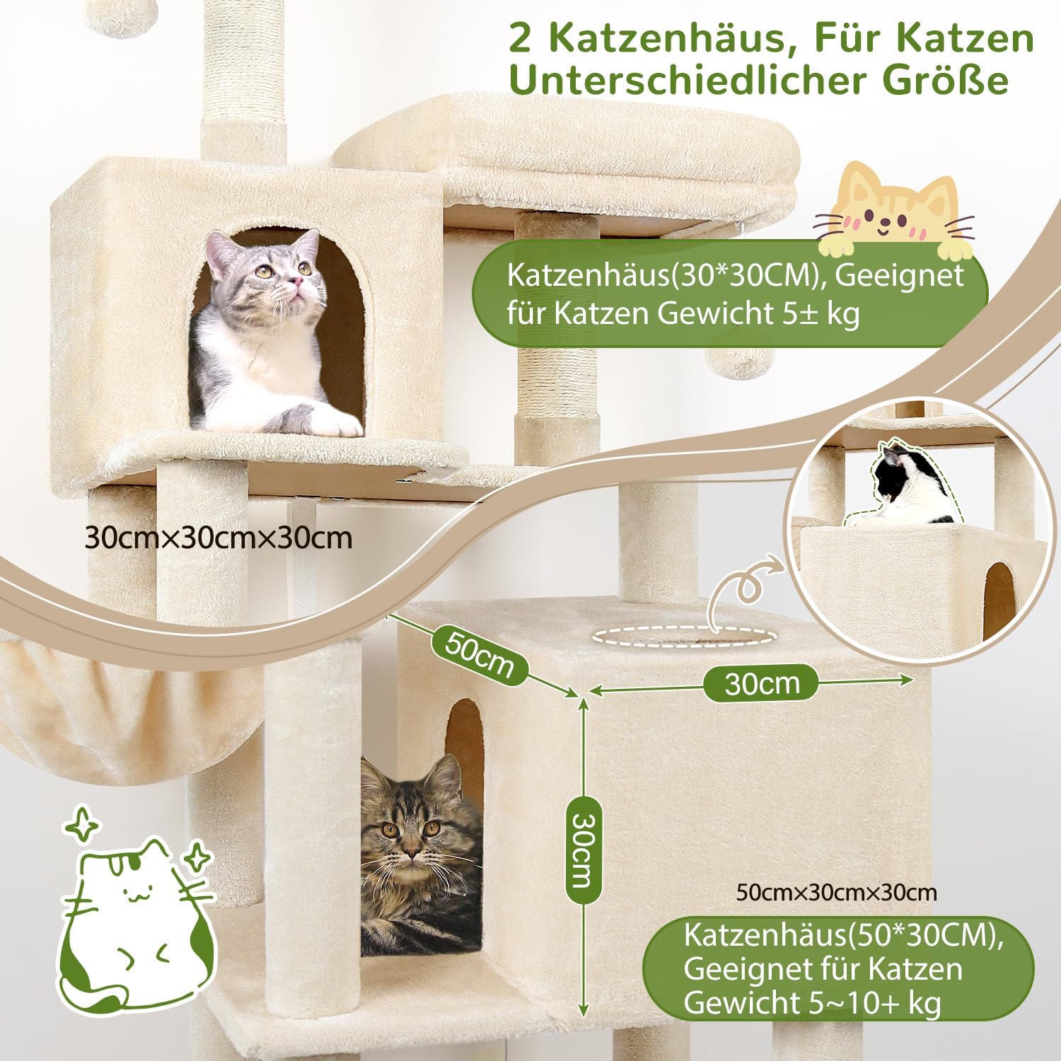 Detalle de Globlazer Kratzbaum Beige XXL 195 cm hoch mit 2 Katzenhäusern, 2 Sitzstangen und großer Hängematte