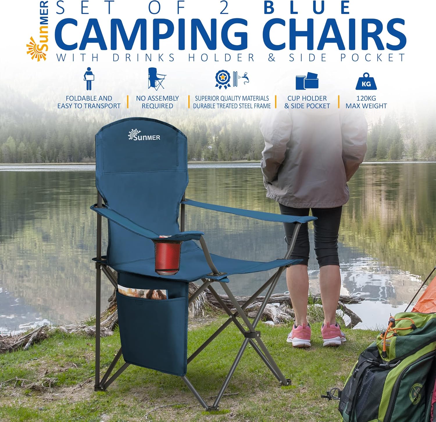 Thumbnail 2 de SUNMER Folding Camping Chairs (Set of 2) – Extra-Wide Lightweight Outdoor Chairs with Armrests, Cup Holder & Side Pocket – Blue