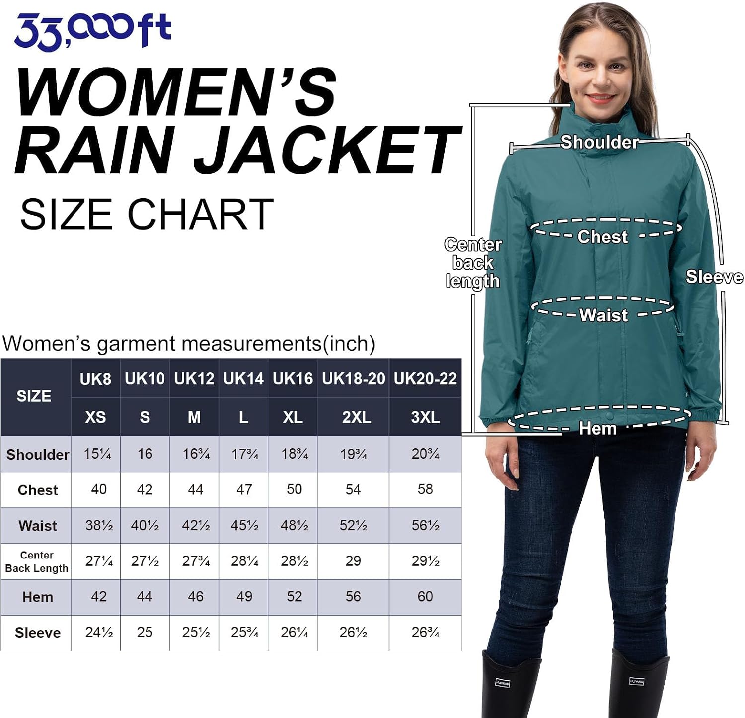 Detalle de 33,000ft Women's Lightweight Packable Rain Jacket with Hideaway Hood