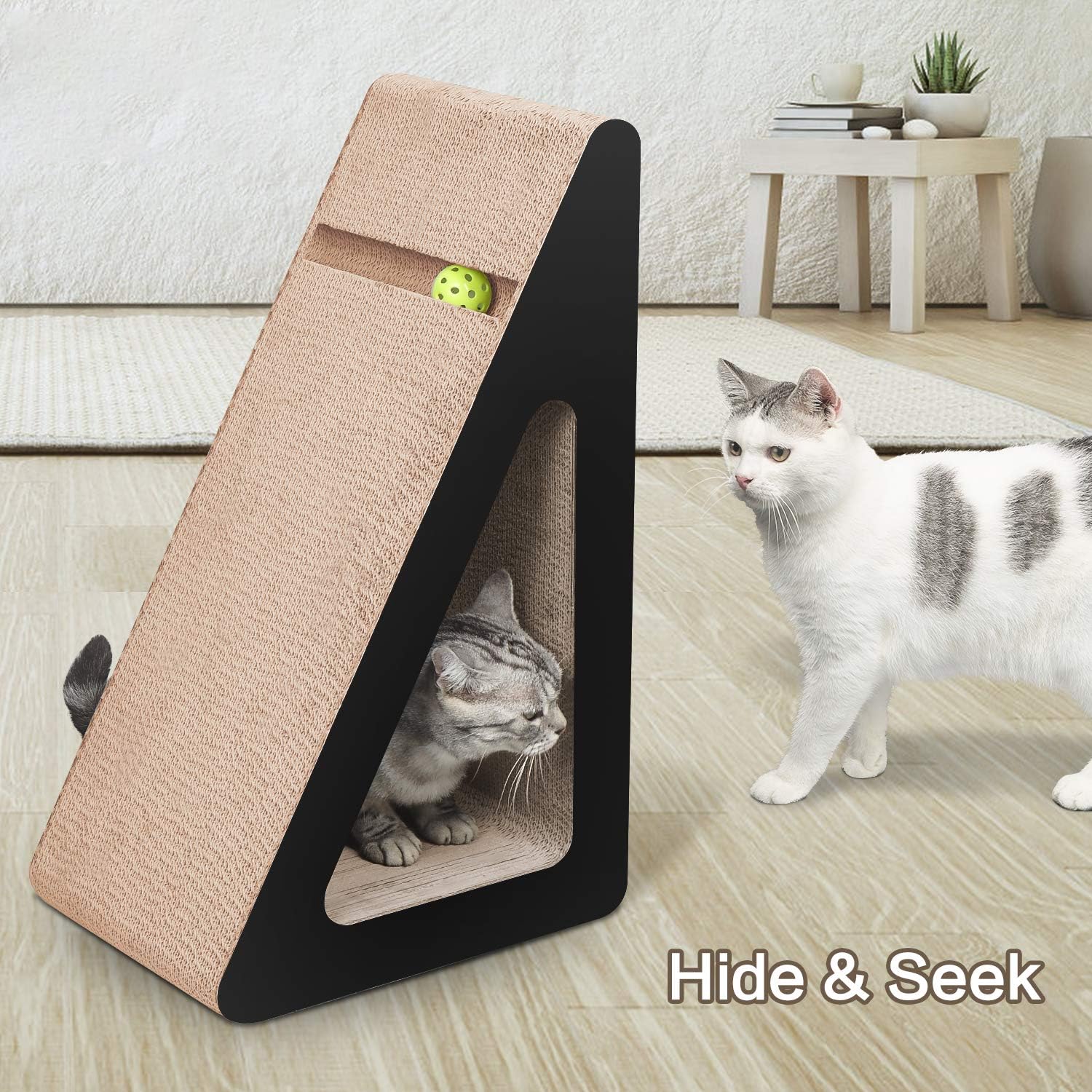 Detalle de Aibuddy Cat Scratcher: Inclined Cardboard Lounge with Ball Toy, Catnip & Play Tunnel