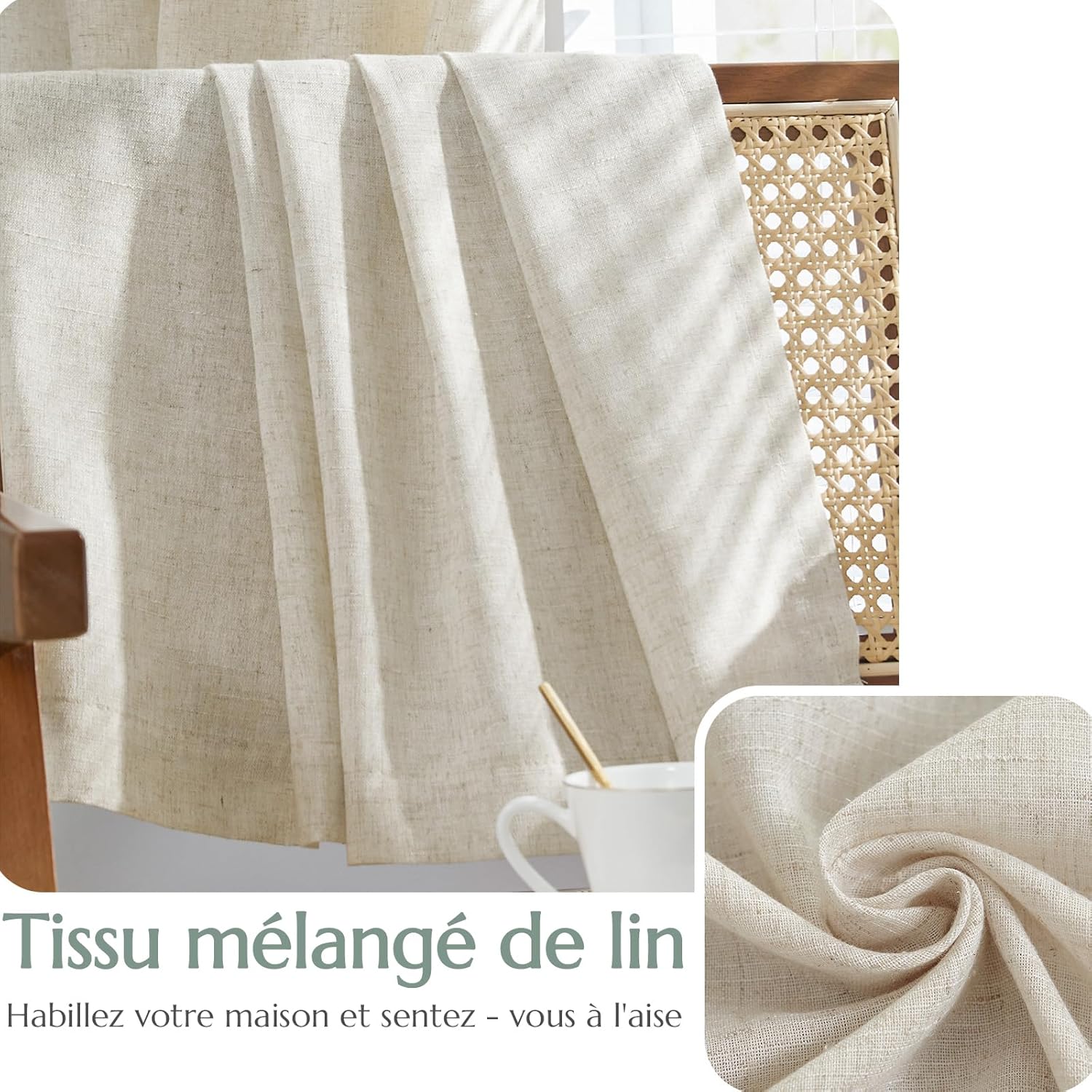 Thumbnail 5 de Vangao Rideaux Occultant Thermique en Lin Doublé – Salon Beige Naturel, Lot de 2 130 x 175 cm (Passe Tringle, Oeillets, Double Rideaux), Anti-Froid