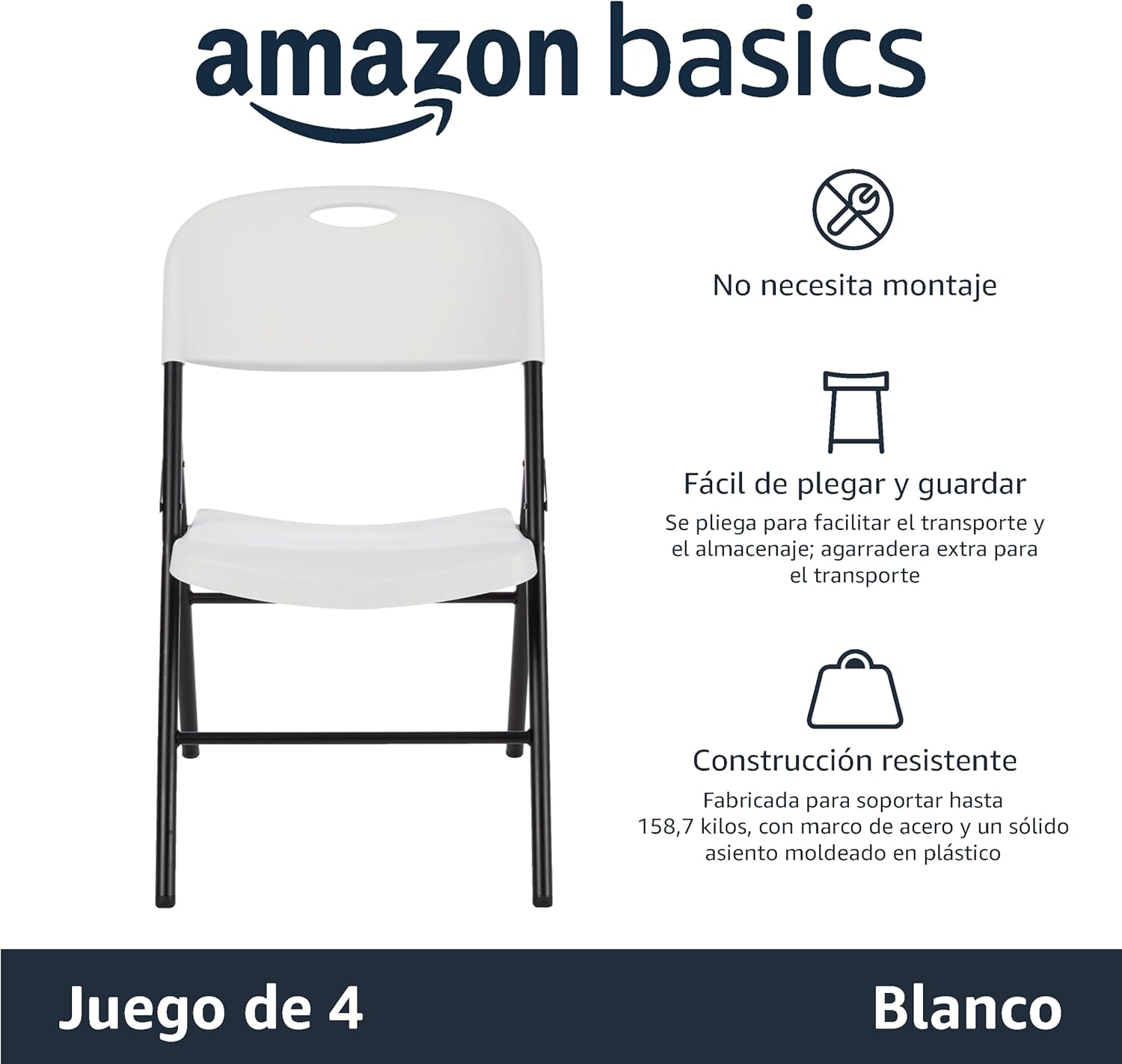 Thumbnail 3 de Amazon Basics Juego de 4 sillas plegables blancas 🪑 para camping y cocina