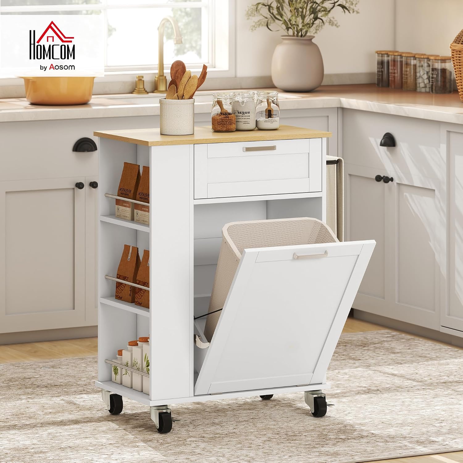 Detalle de HOMCOM 801-414V80WT Kitchen Storage Trolley, White, with Tilt-Out Cabinet