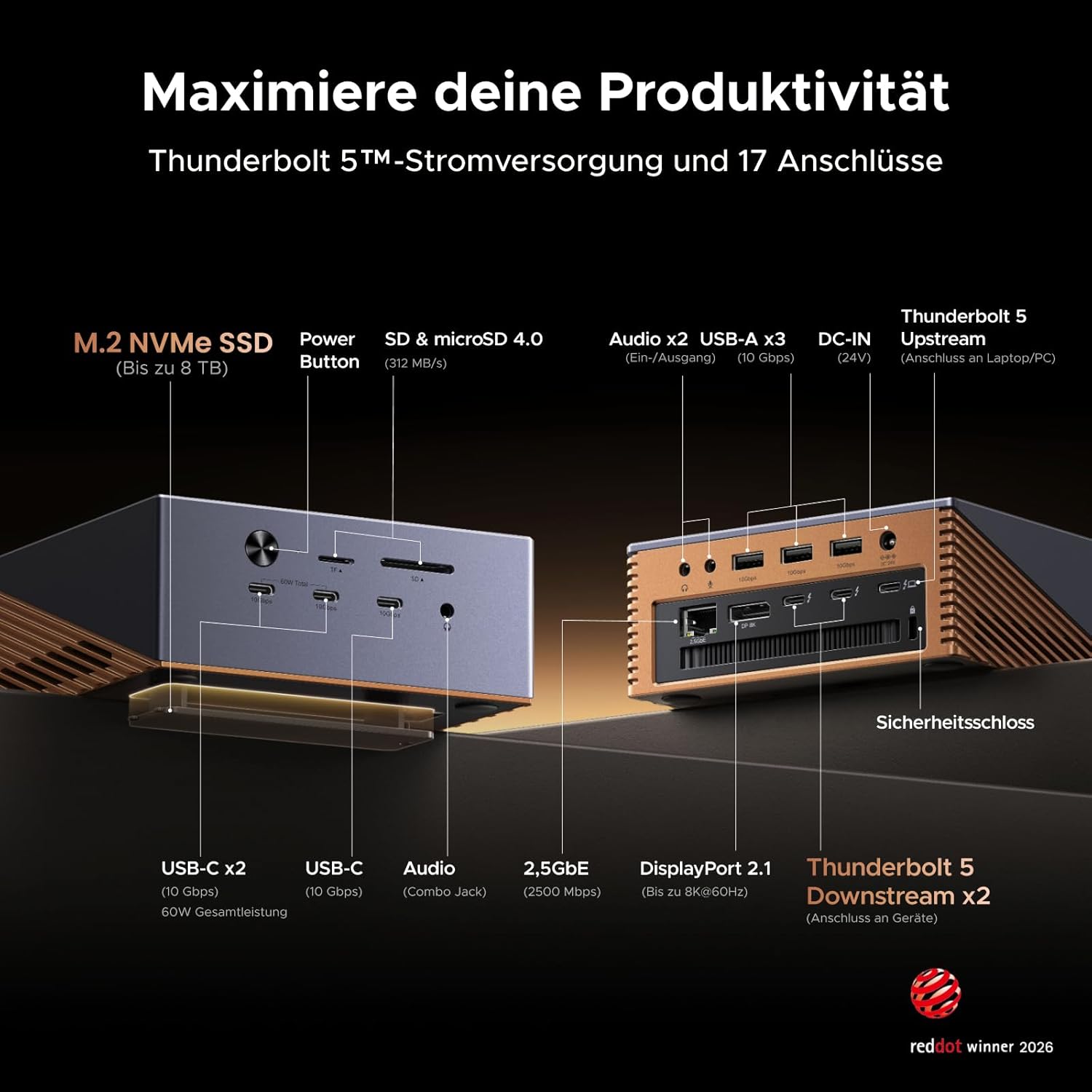 Detalle 2 de UGREEN Maxidok Thunderbolt 5 Docking Station (Revodok 17-in-1) – 17 Anschlüsse, bis 120 Gbps, Dual 6K/8K Video und 2,5GbE