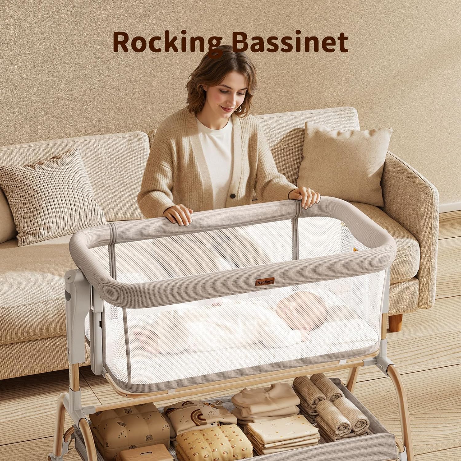Detalle de NeoBorn 3 in 1 Baby Bassinet: Bedside, Rocking, and Standalone Crib