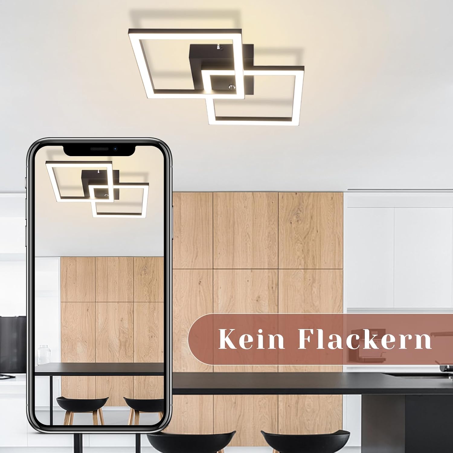 Detalle de Homefire LED-Decktleuchte für Küche & Flur, 24 W, 4000K, schwarz – eckiges Designlicht