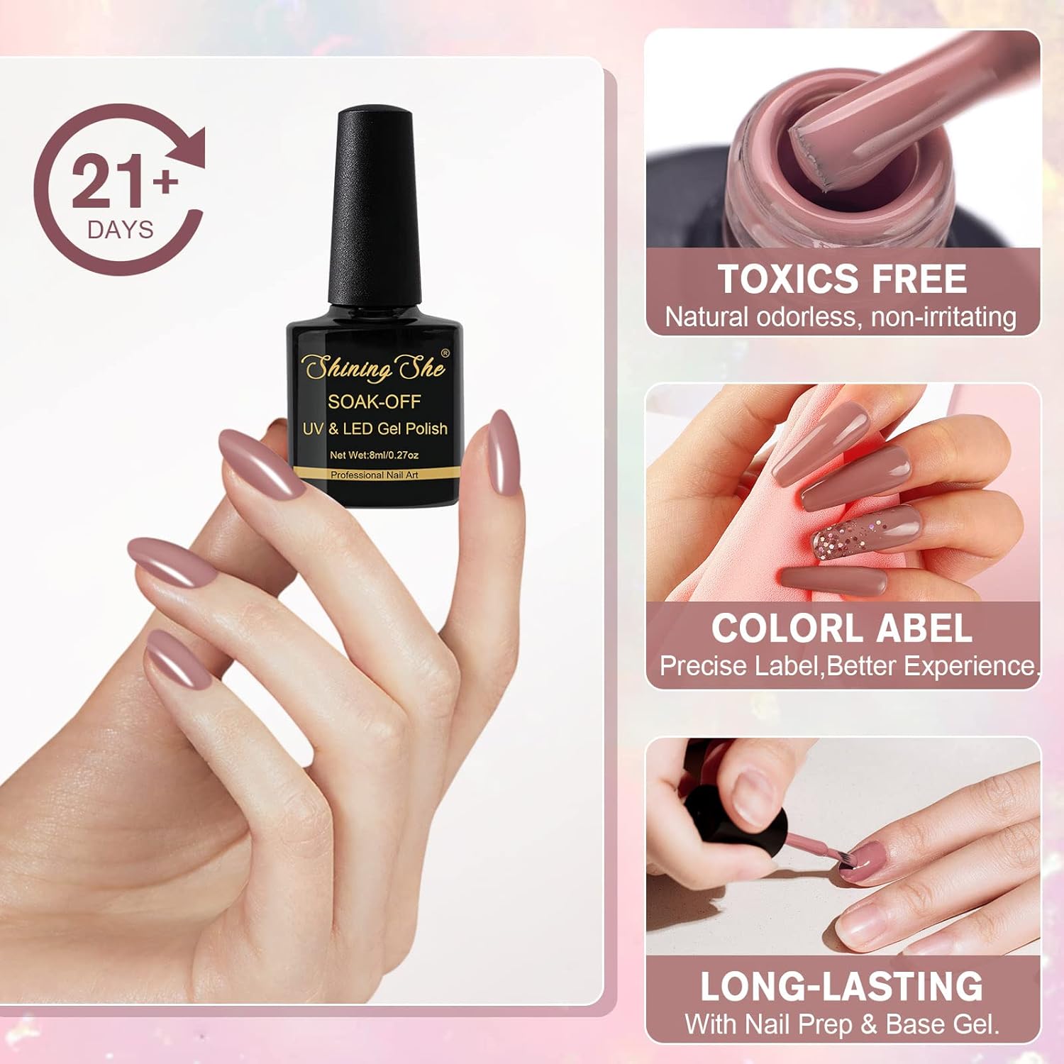 Detalle de Shining She UV-Nagellack-Set (6 Farben) – Nude & Neutral Nuancen für Gel-Soak-Off, 8 ml pro Flasche