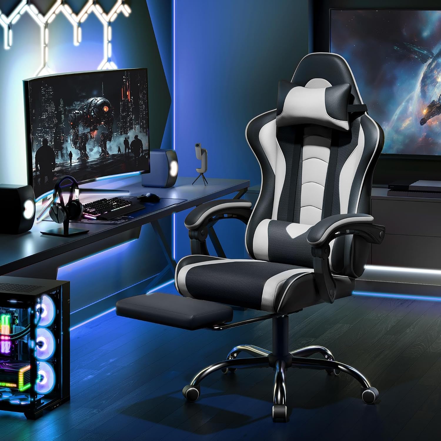 Thumbnail 1 de Yaheetech sedia da gaming ergonomica massaggiante con poggiapiedi reclinabile e supporto lombare