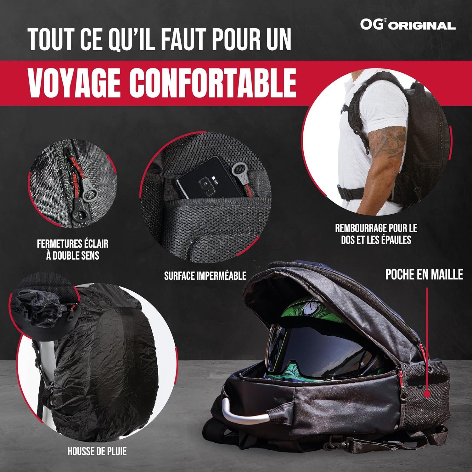 Detalle de OG Original GetAway sac à dos moto étanche extensible 35L/45L pour homme, compartiment casque et USB