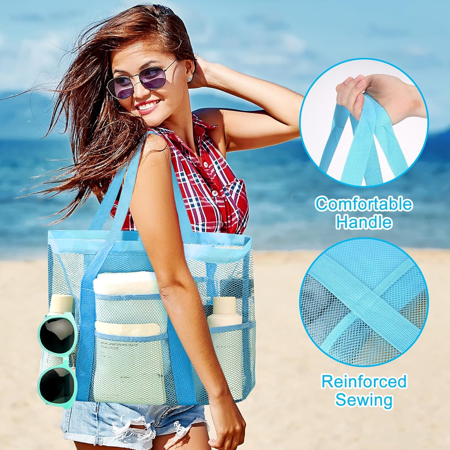 Detalle de 2er-Set Große Strandtasche für Damen – Netz-Design, Reißverschluss, Blau/Schwarz