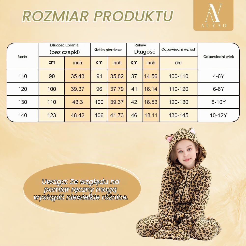 Detalle 1 de AUYAO dziecięca piżama kigurumi, jednoczęściowy pluszowy kostium zwierzęcia