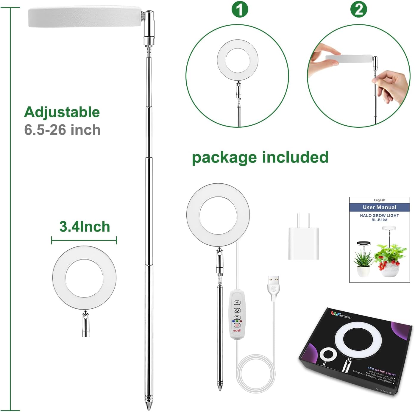Thumbnail 4 de Wiaxulay BL-B10A 3.5-Inch Halo Grow Light, 3-Pack with Timer and 3 Light Modes