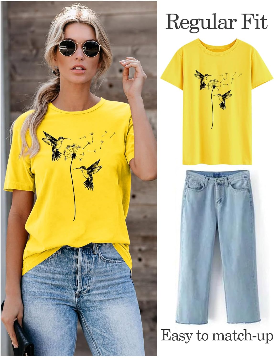 Detalle 2 de WIEIYM Women's Dandelion Bird Printed T-Shirt – Casual Summer Top