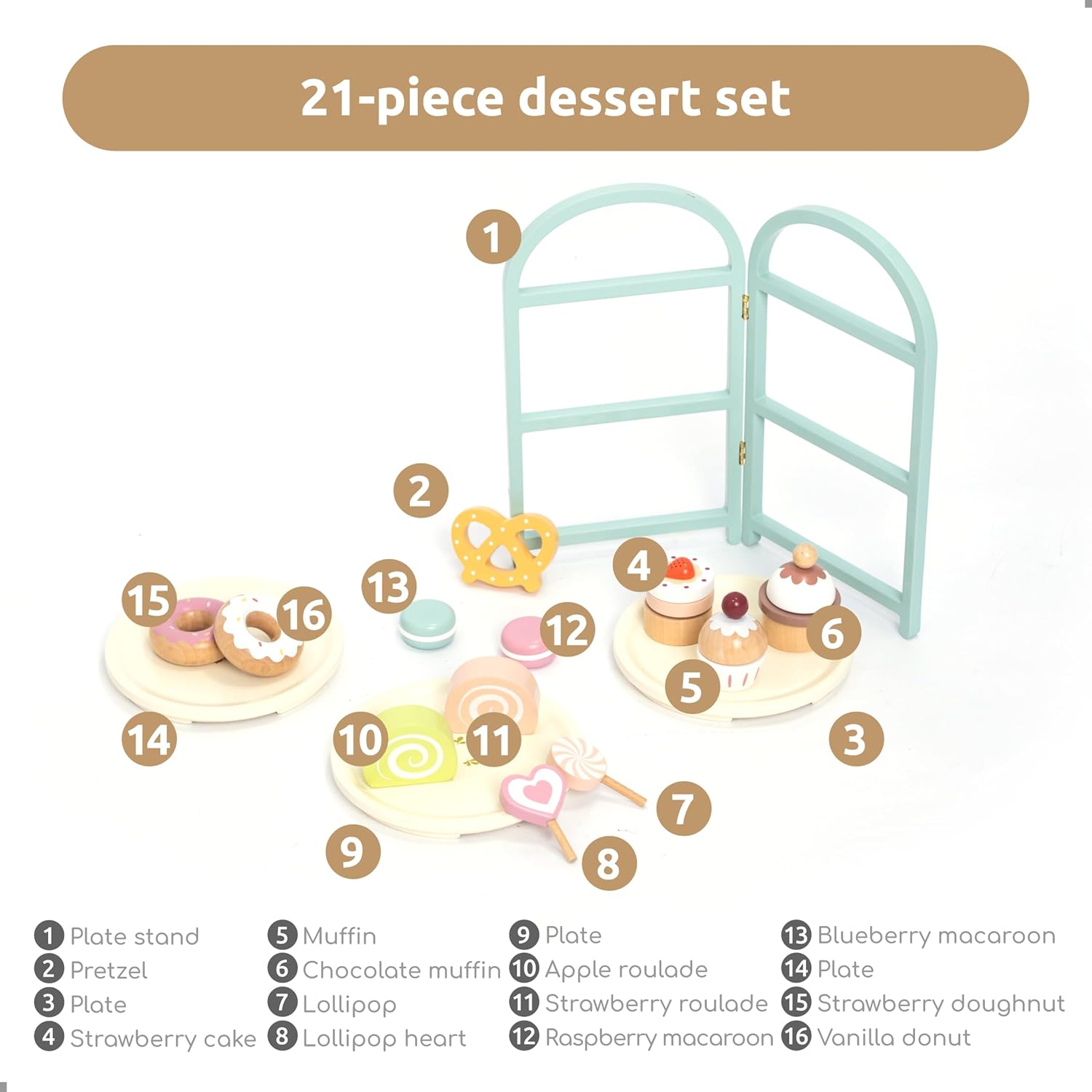Detalle de UMU® Wooden Children's Kitchen Dessert Play Set with Stand – Safe, Classic Wooden Toy for Ages 3–6