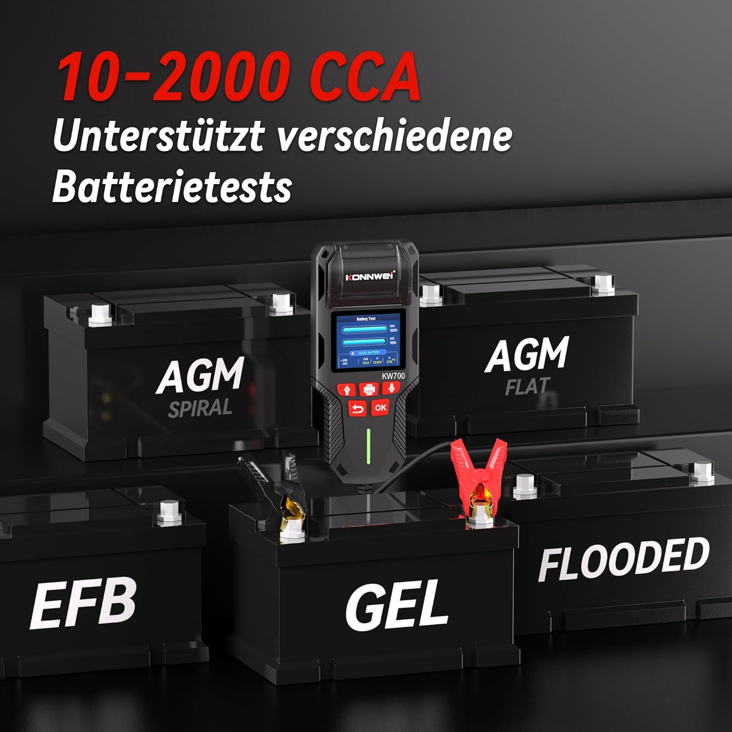 Detalle 2 de KONNWEI KW700 Autobatterietester mit Drucker für 12 V/24 V (Anlass- und Ladetest, 10–2000 CCA)