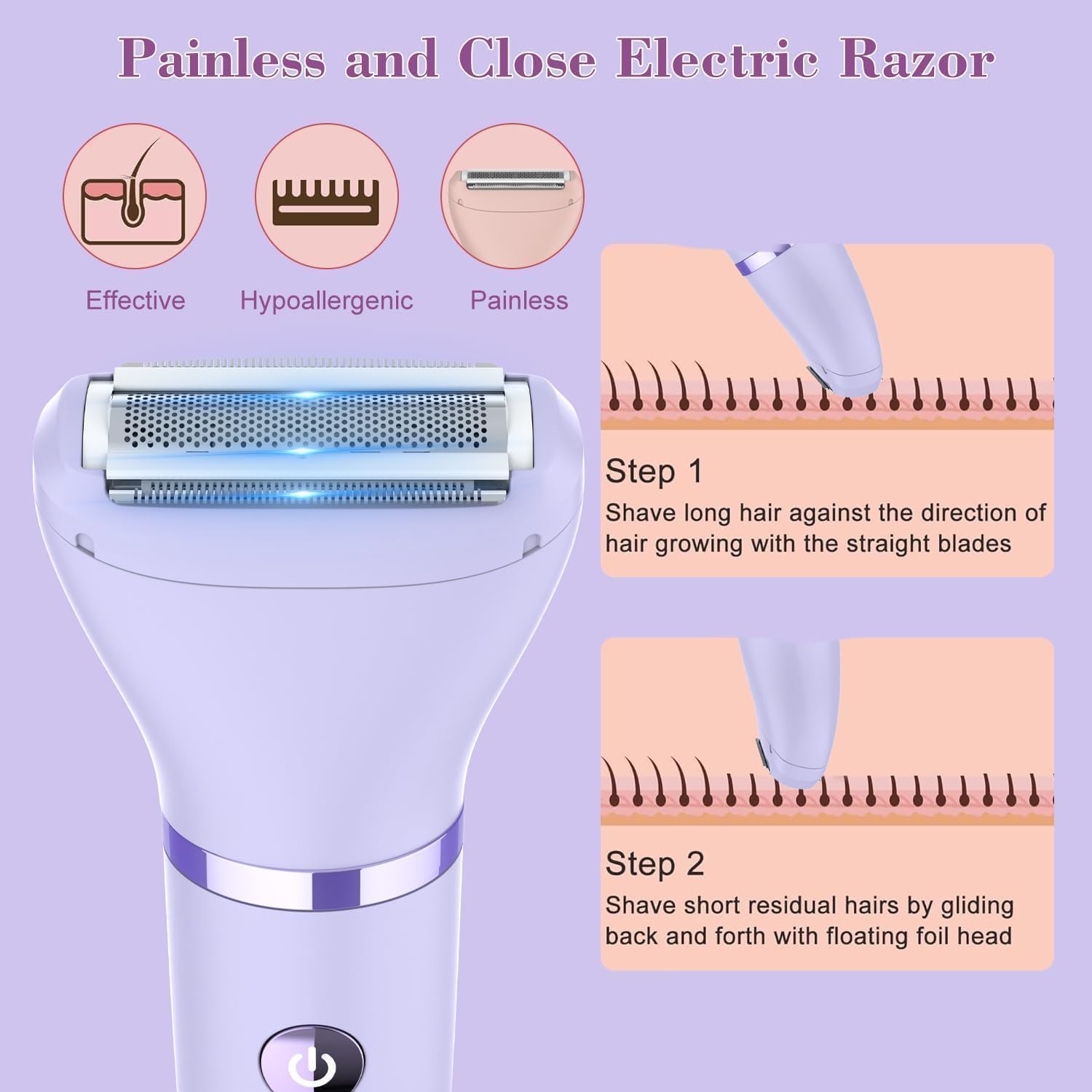 Thumbnail 4 de Damenrasierer (3-in-1) für Gesicht, Achseln, Beine, Arme & Bikinizone – Elektrorasierer mit LCD-Display, IPX7 wasserdicht, lila