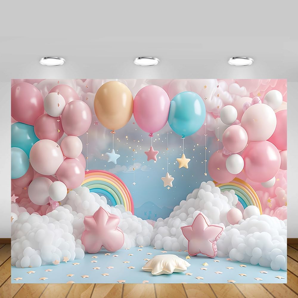 Thumbnail 3 de MEHOFOND 7x5ft Pink Girl Birthday Photography Backdrop (cloud, rainbow, balloons & stars) for cake smash and party photos