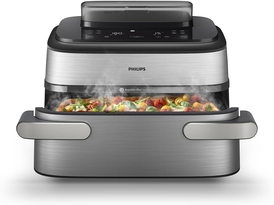 Detalle de Philips Airfryer Serie 5000 con Maxi Capacità e SteamFry – Steam e Frittura ad Aria, 28 Programmi, Doppio Cestello 3L+6L