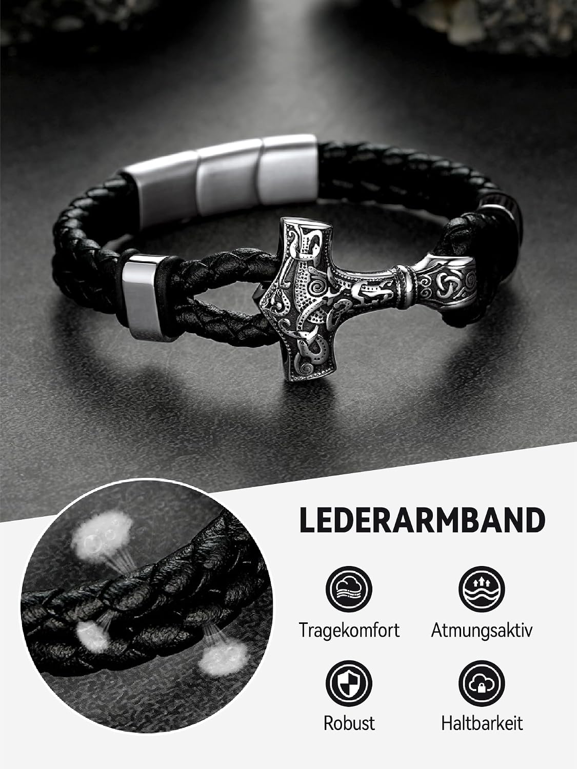 Thumbnail 3 de FaithHeart Lederarmband im Wikinger-Stil mit Magnetverschluss – Wickelarmband geflochten, 21/23 cm