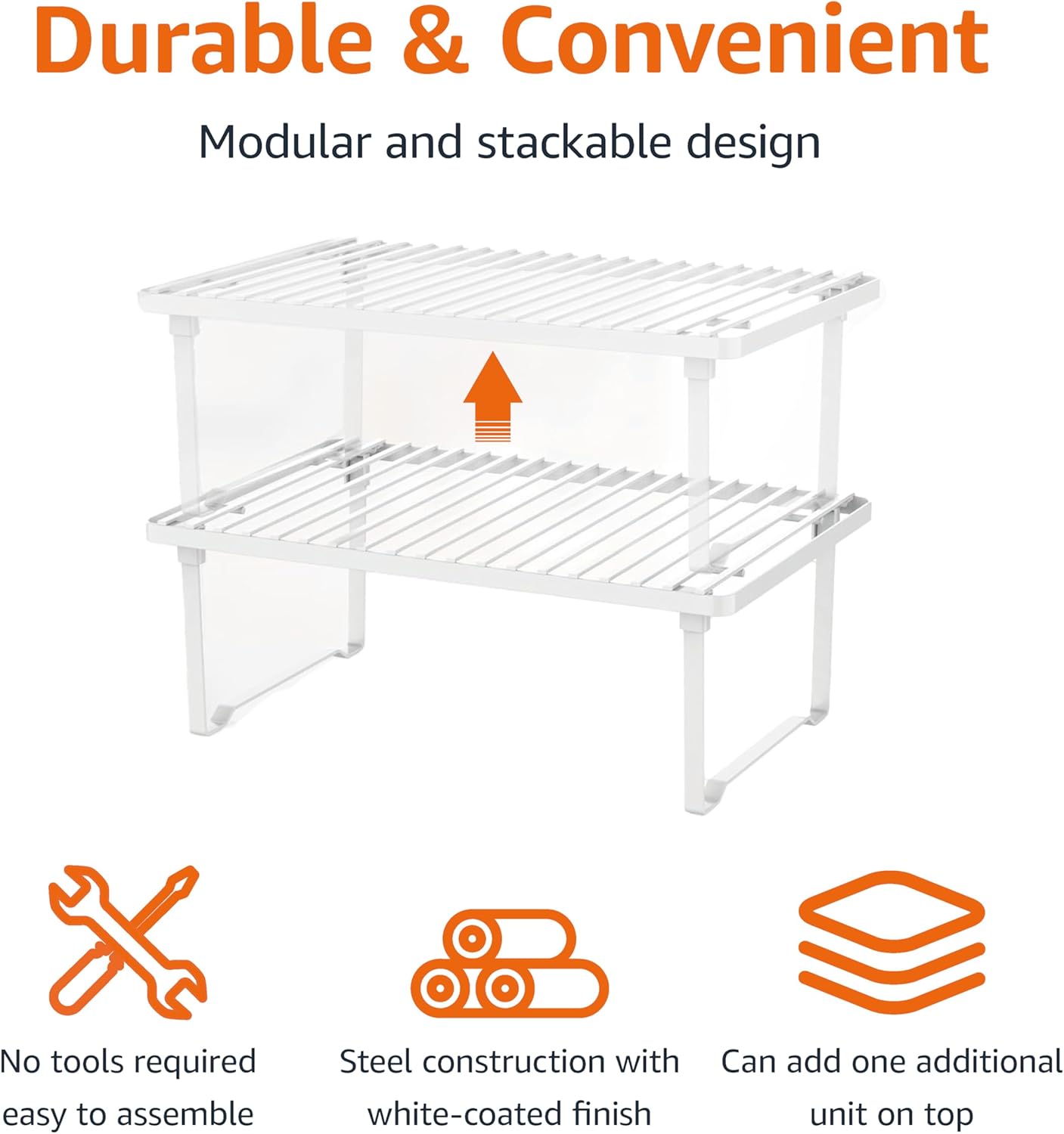 Detalle de Amazon Basics Stackable Kitchen Storage Shelves (Pack of 2) – White, 20.3 x 31.6 x 11.4 cm