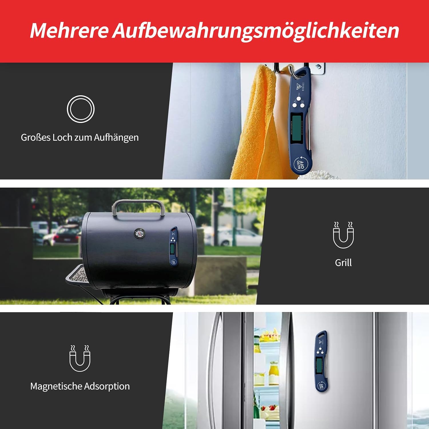 Thumbnail 6 de DOQAUS Grillthermometer: Fleisch- und Küchenthermometer mit 3-Sekunden-Auslese, LCD-Display und langer 11,5 cm Sonde (Navyblau)