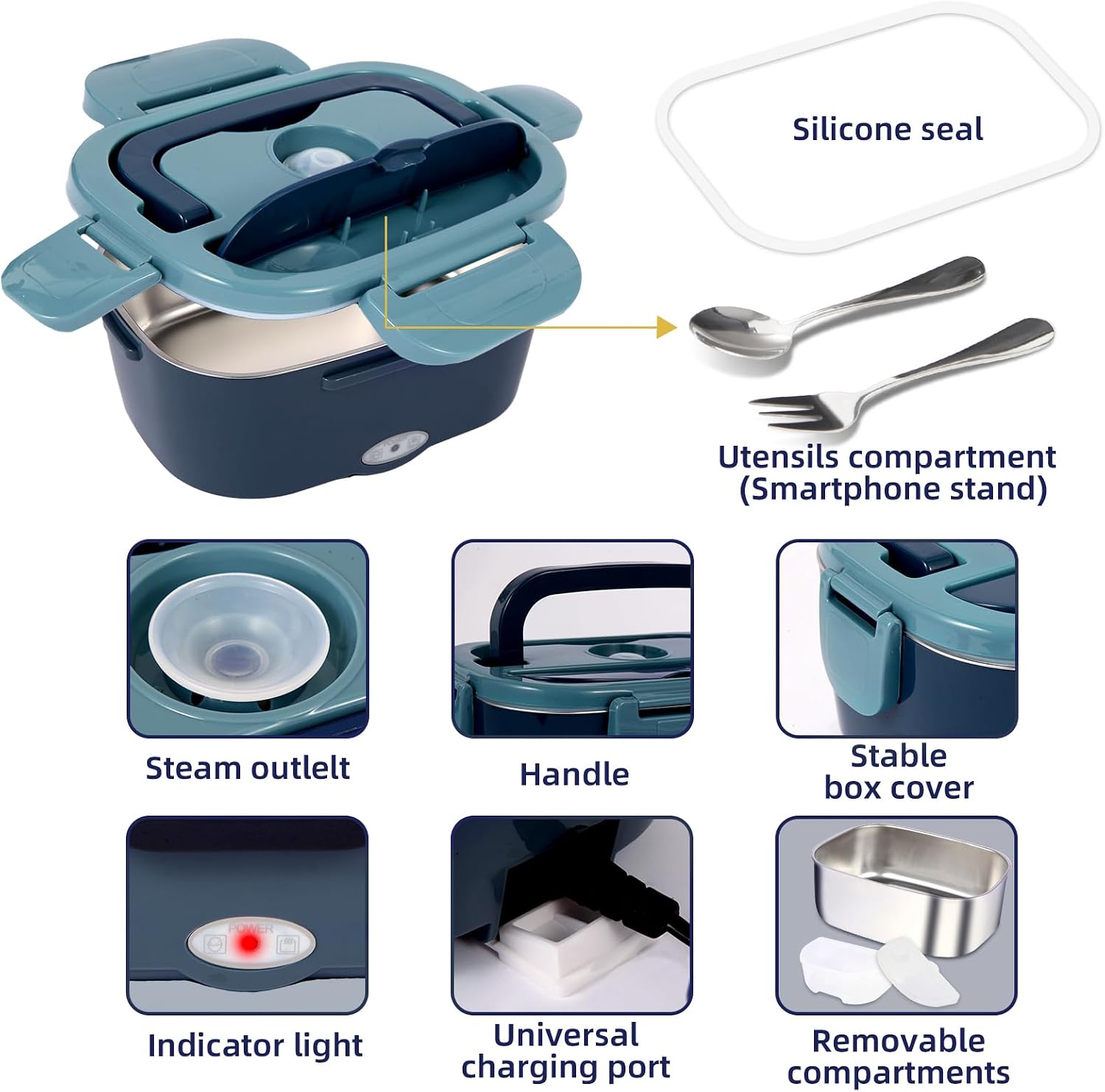 Detalle 2 de SOHIDA Electric Lunch Box, 80W 1.5 L Food Warmer for 12V/24V/110V, Blue