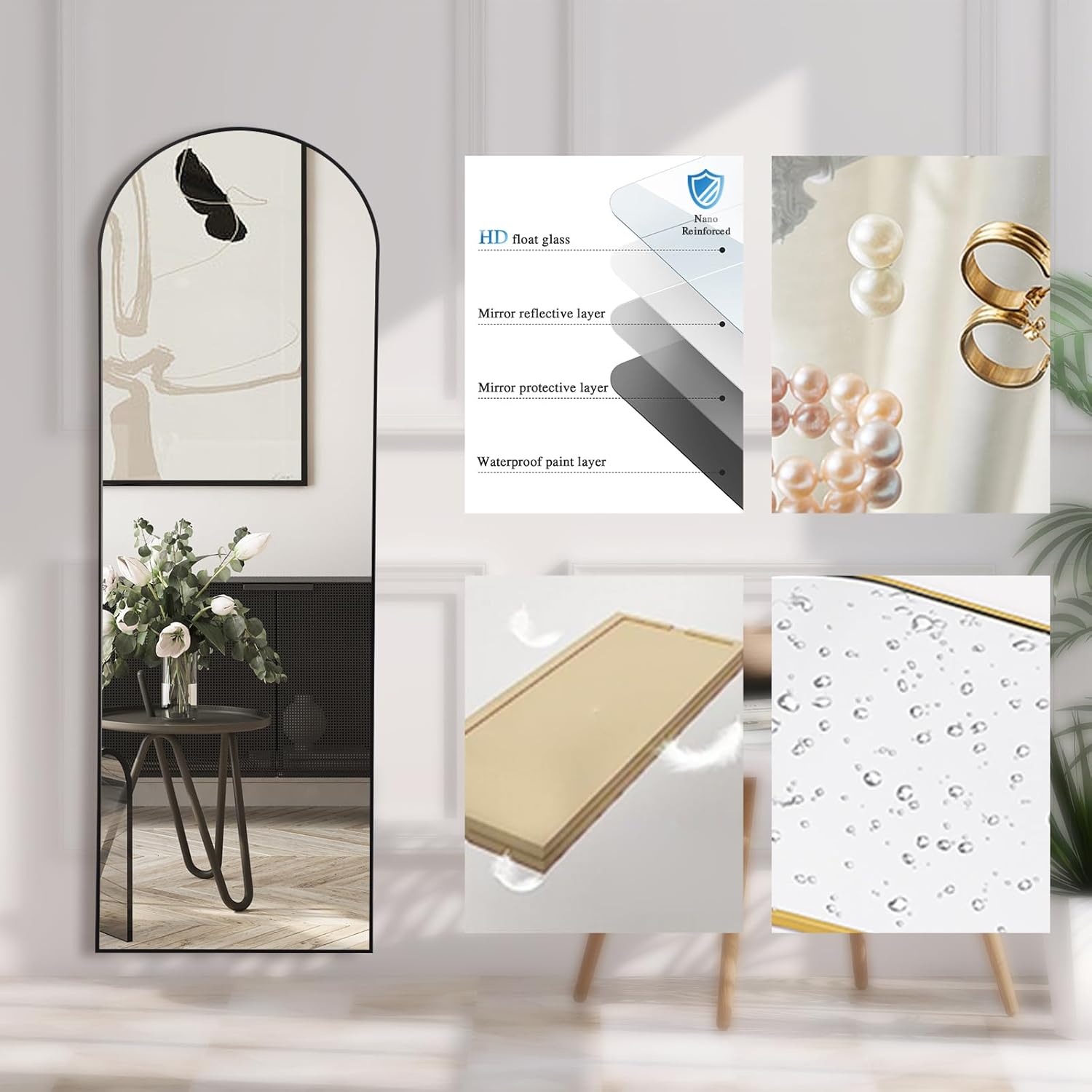 Thumbnail 3 de LunaMirror Full Length Mirror with Arch Black Frame – 147 x 44 cm