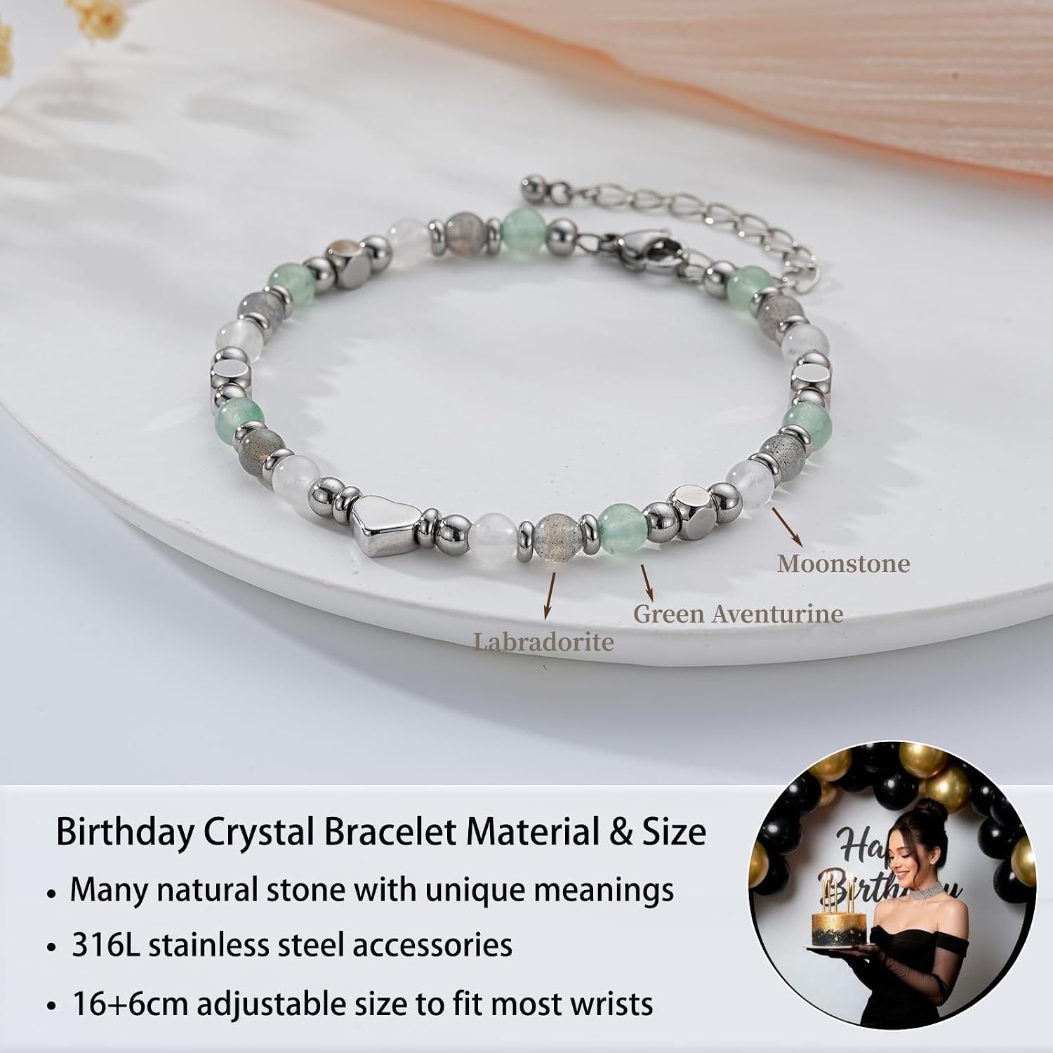 Detalle 2 de ESPVO Crystal Bead Bracelet for Women – Adjustable Natural Stone Gift with Crystal Meaning Card
