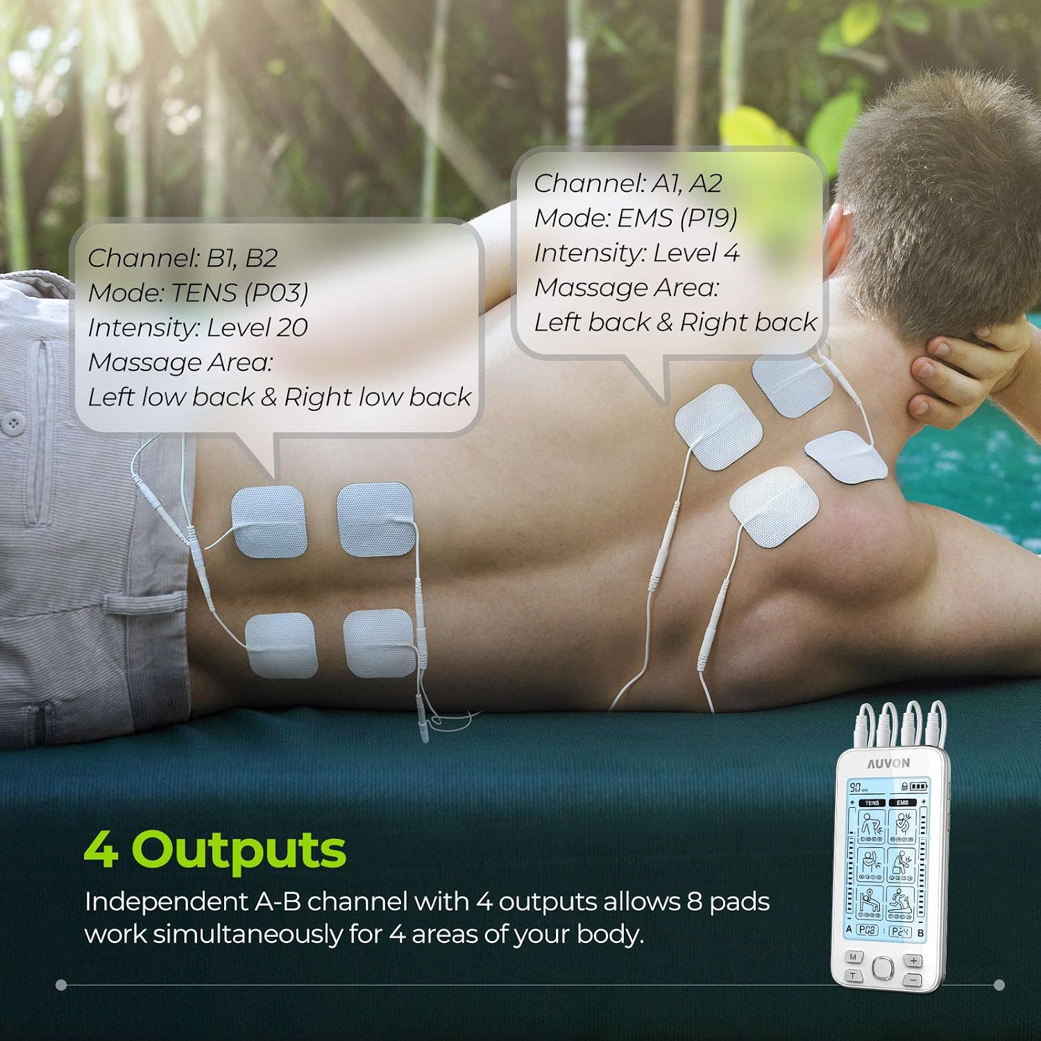 Detalle de AUVON 4 Outputs TENS Machine 24 modes for pain relief 📟