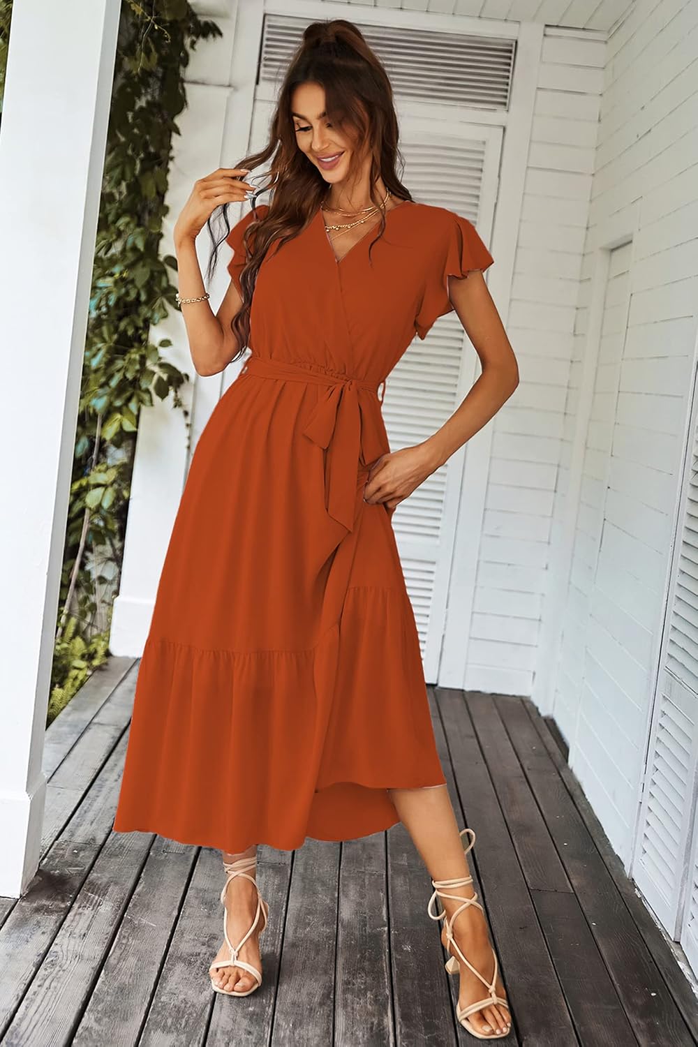 Detalle de PRETTYGARDEN Women's Summer Floral Boho Maxi Dress - Wrap V-Neck, Ruffle Hem, Short Sleeves