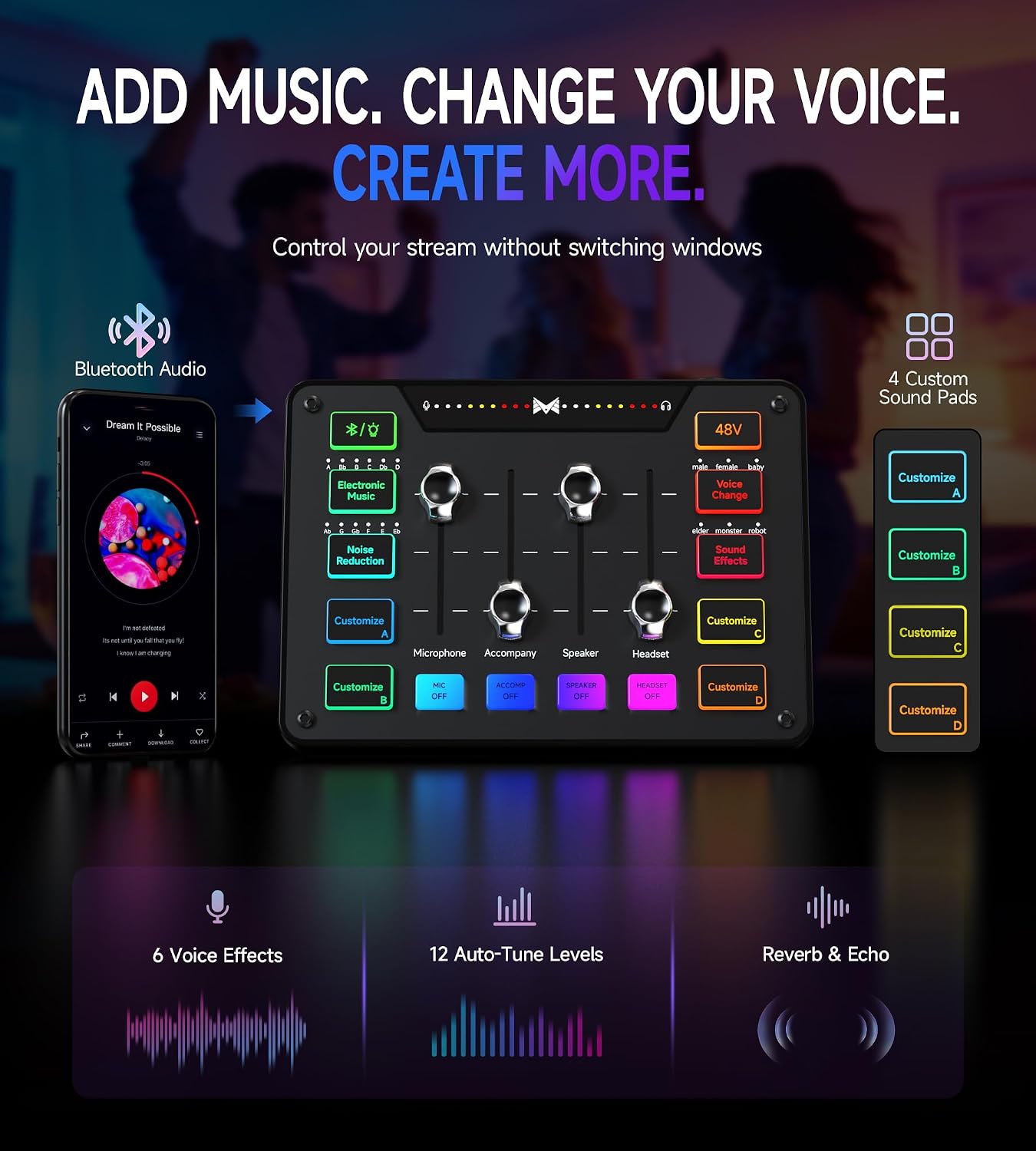 Detalle de MAILANGSHI D1 Gaming Audio Mixer with XLR, Bluetooth, 48V Support and RGB